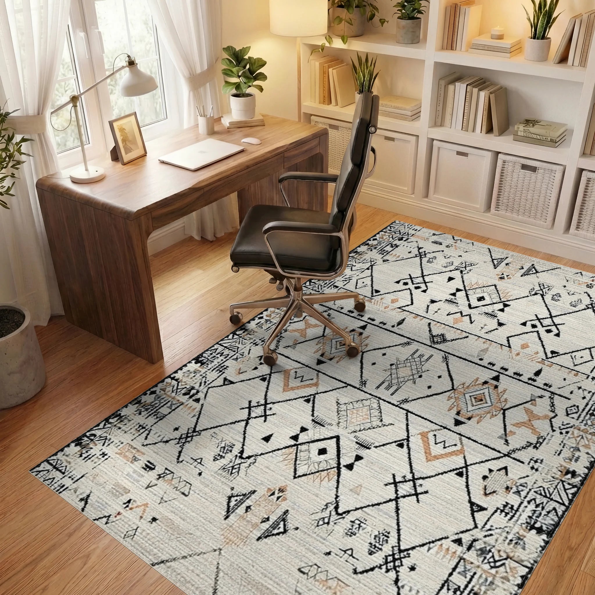 Geometric Diamond Tribal Neutral Rug - Office View