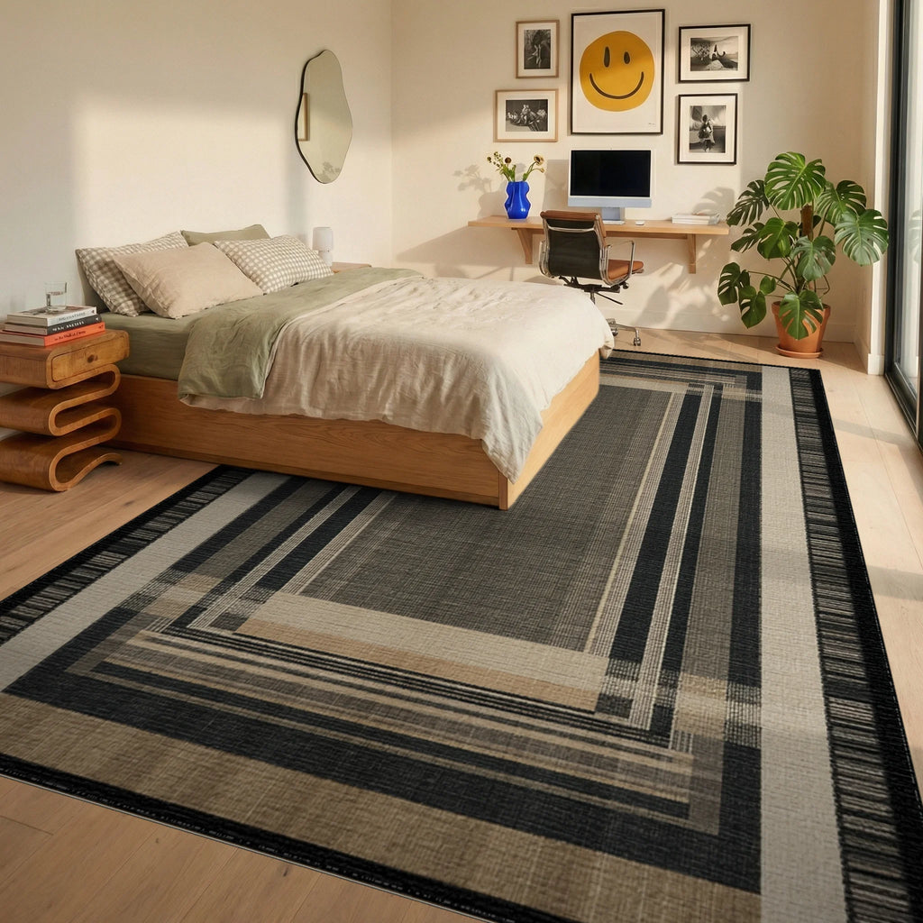 Geometric Earth Tone Striped Rectangles Rug Bedroom View