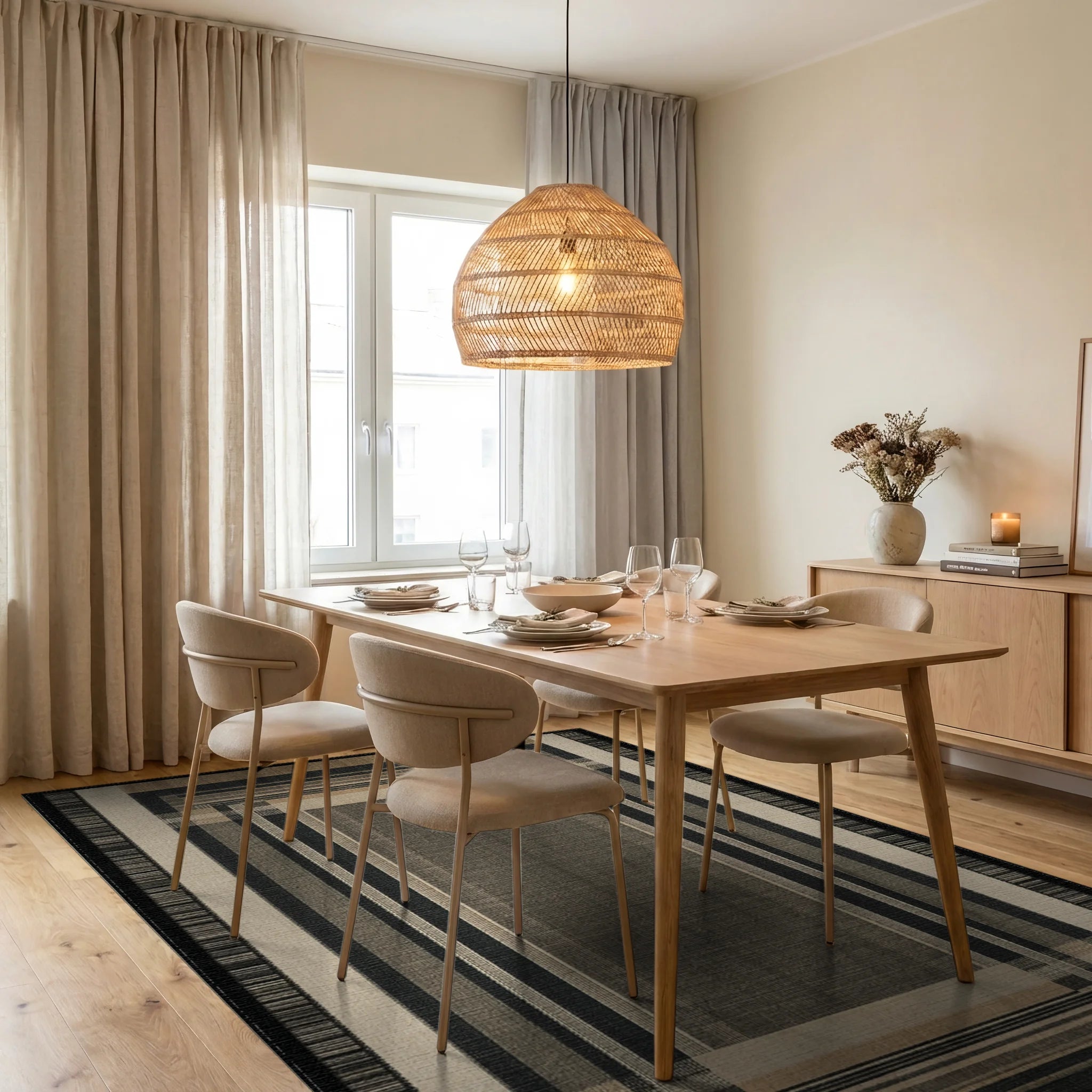 Geometric Earth Tone Striped Rectangles Rug Dining Room View