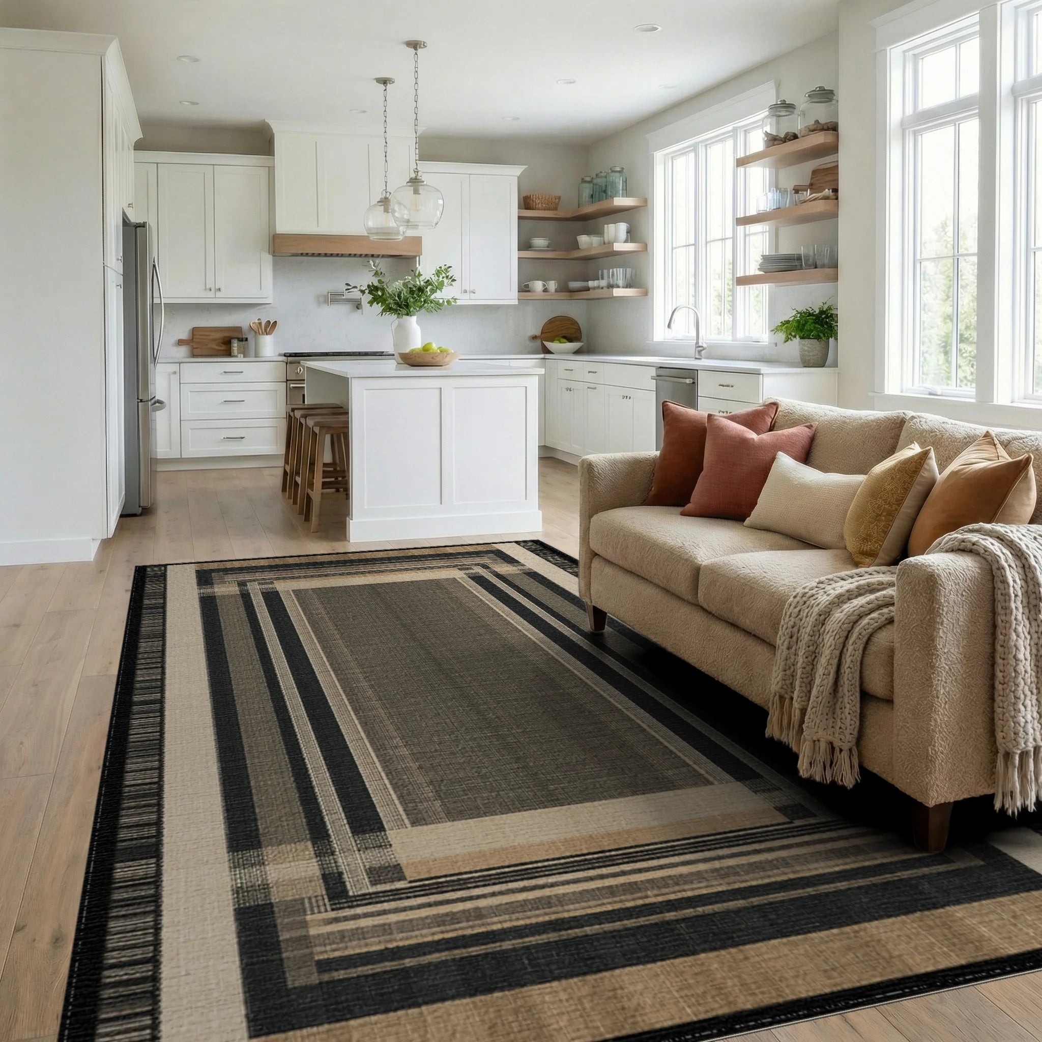 Geometric Earth Tone Striped Rectangles Rug Living Room View