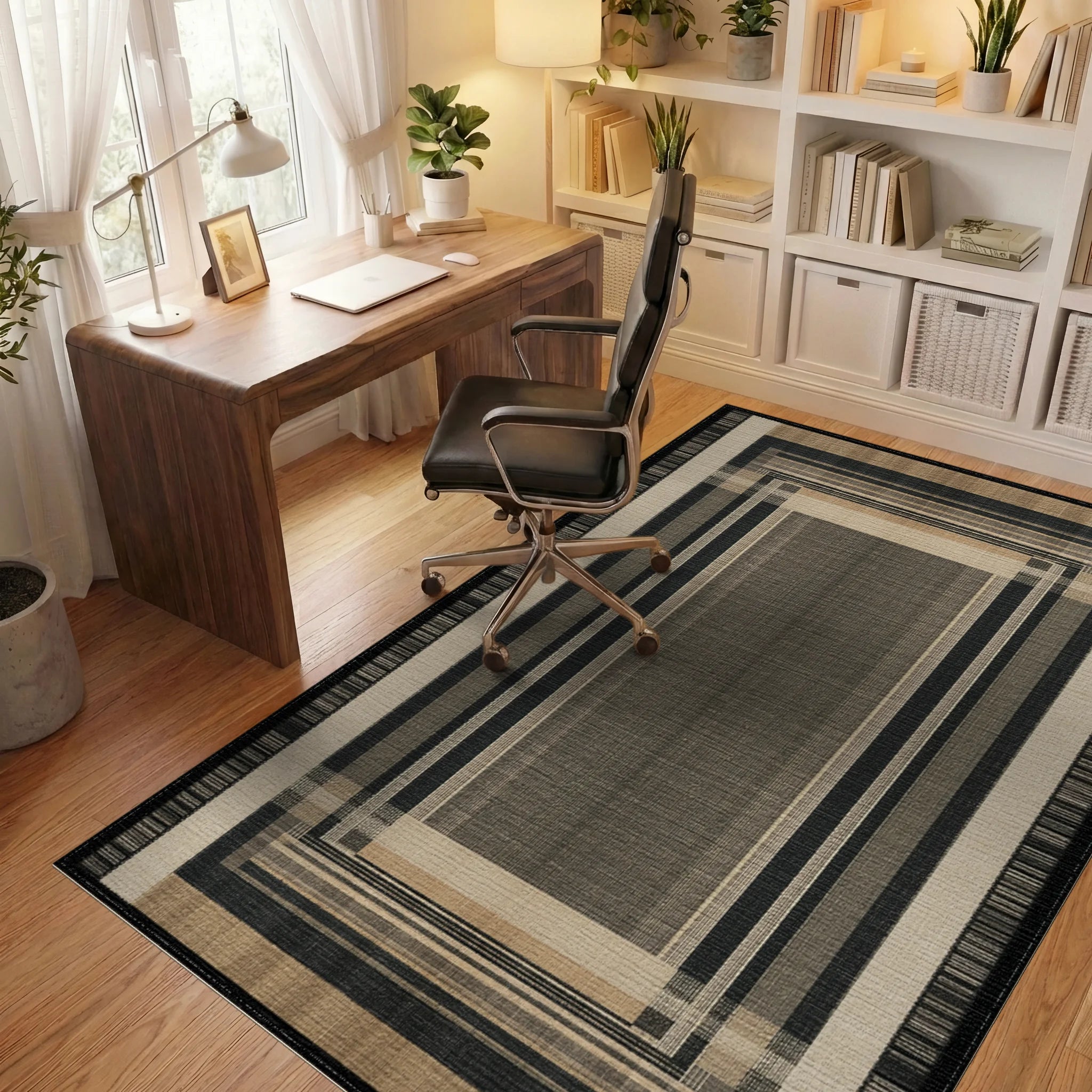 Geometric Earth Tone Striped Rectangles Rug Office View