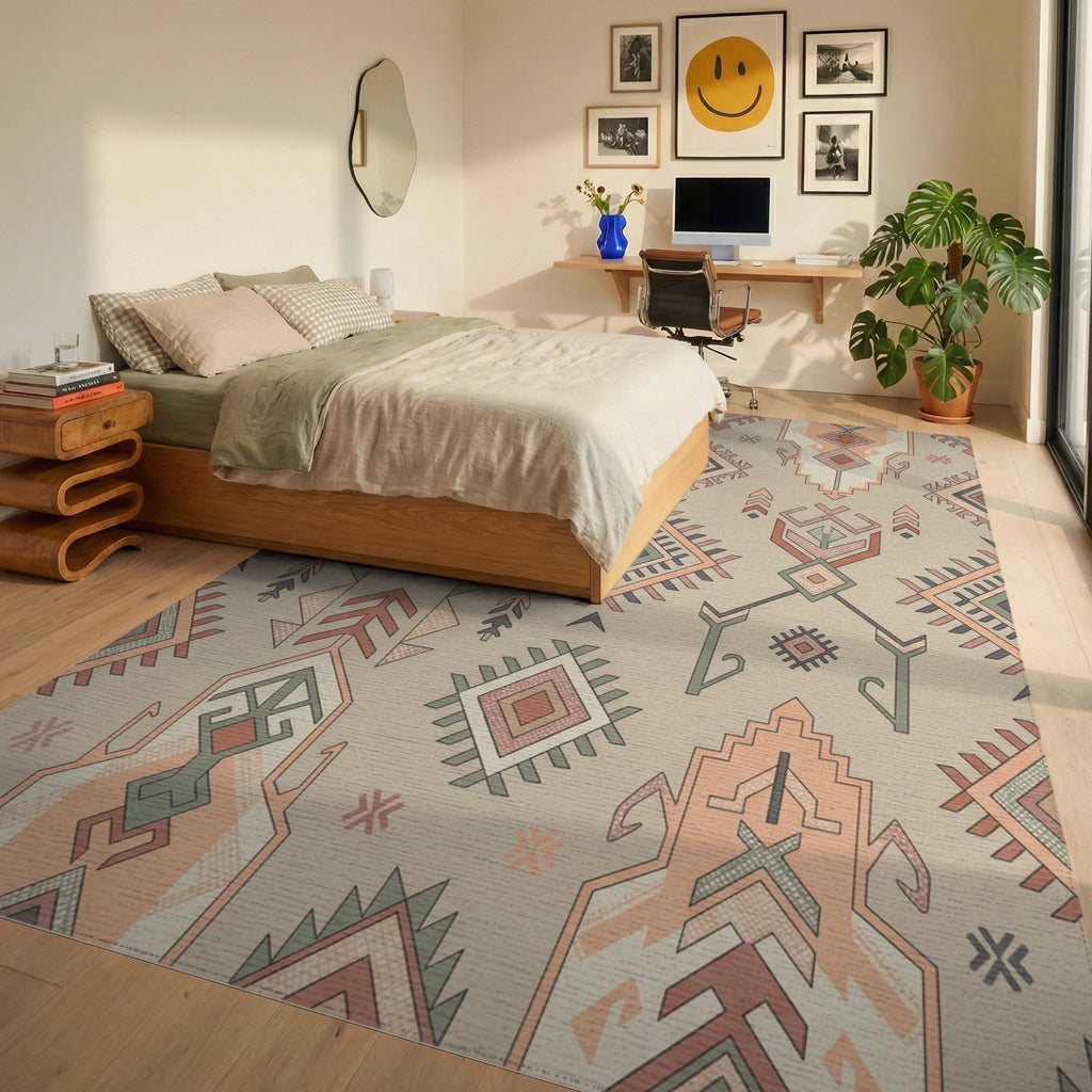 Geometric Earthy Tone Tribal Rug Bedroom View