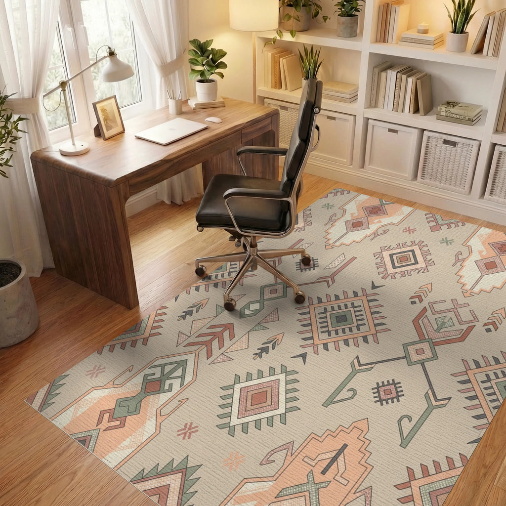 Geometric Earthy Tone Tribal Rug Office View