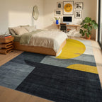 Geometric Golden Sun Abstract Rug - Bedroom View