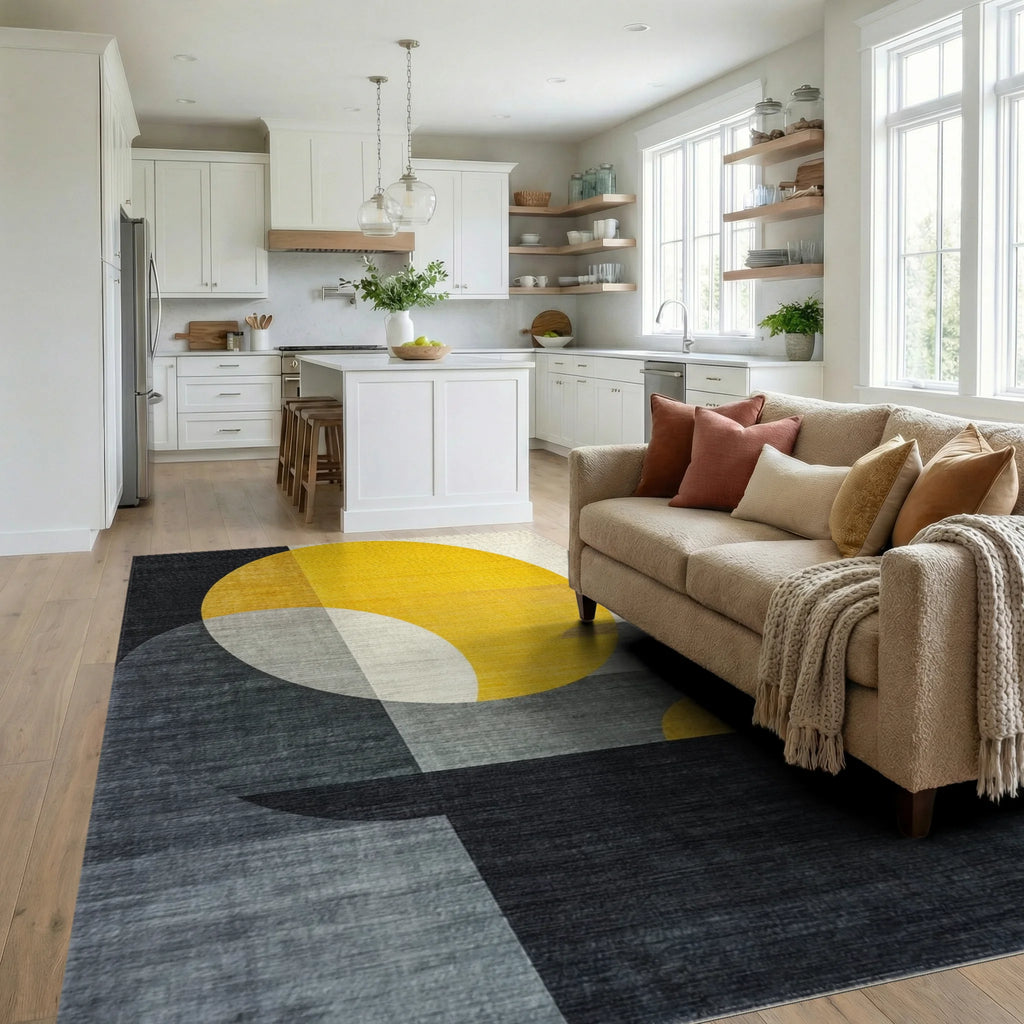 Geometric Golden Sun Abstract Rug - Living Room View