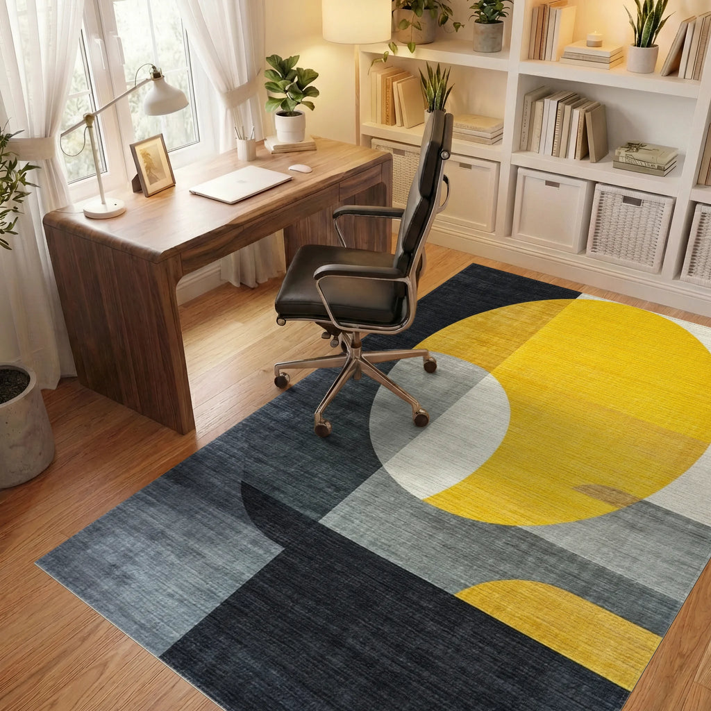 Geometric Golden Sun Abstract Rug - Office View