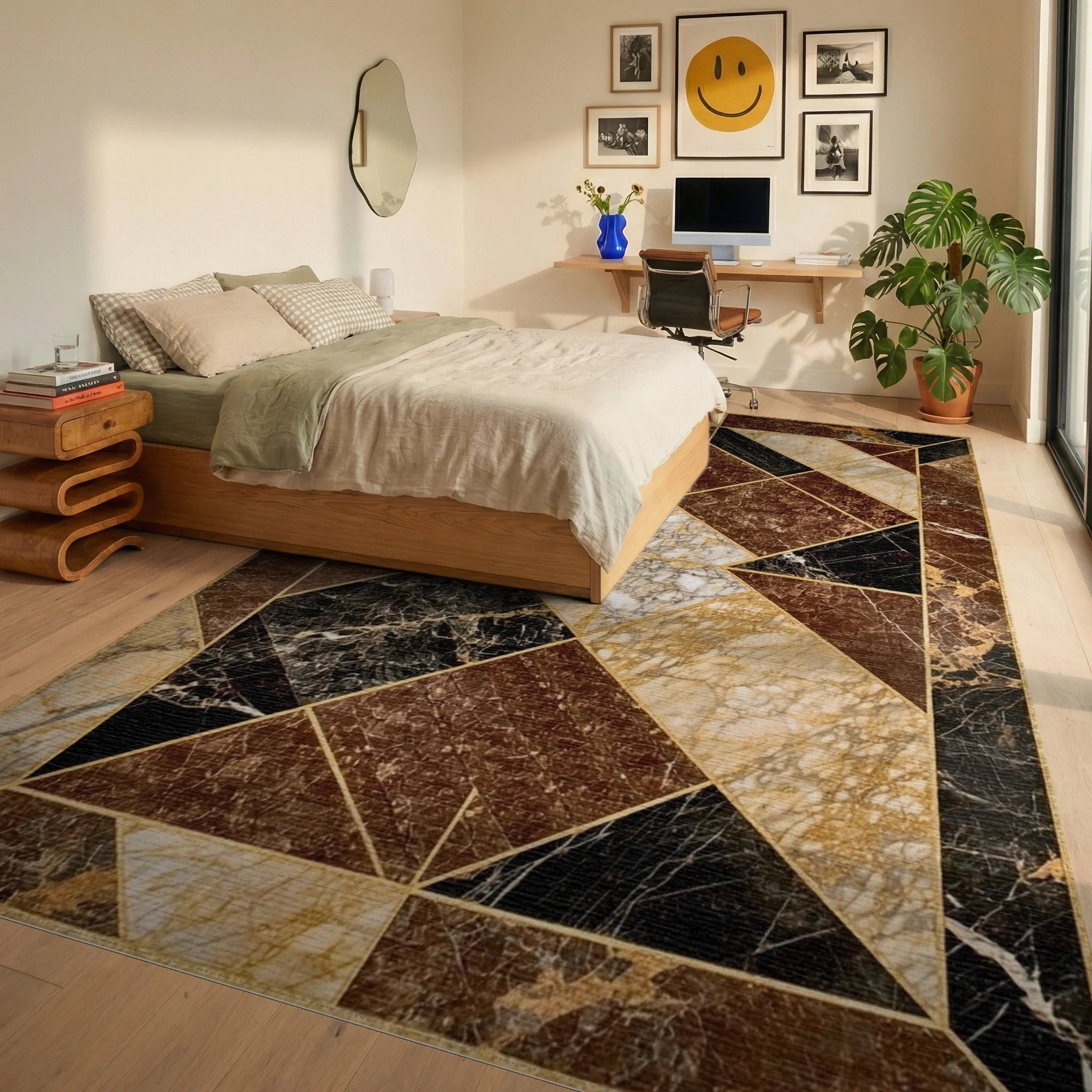 Geometric Marble Pattern With Gold Accents Rug - Bedroom View