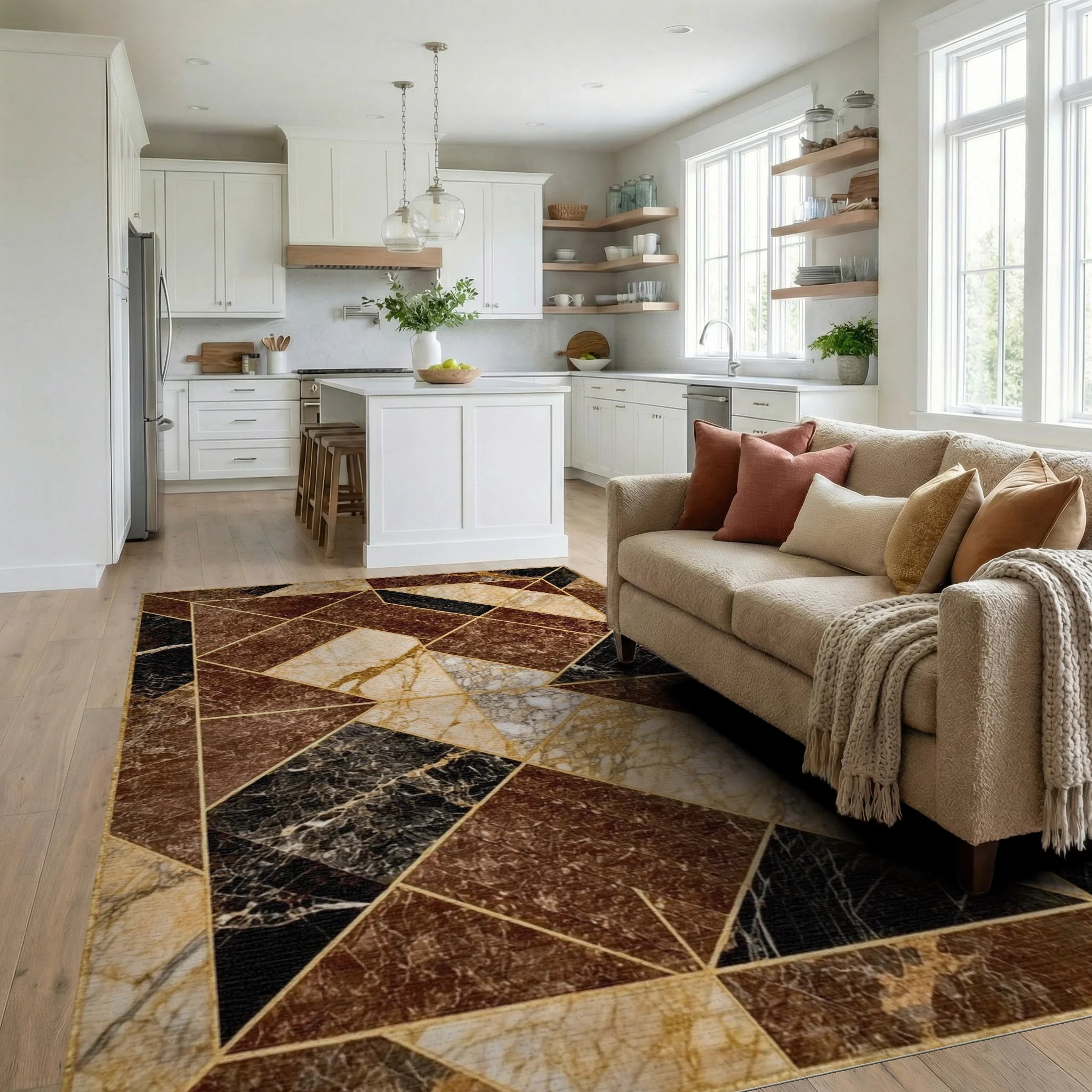 Geometric Marble Pattern With Gold Accents Rug - Living Room View