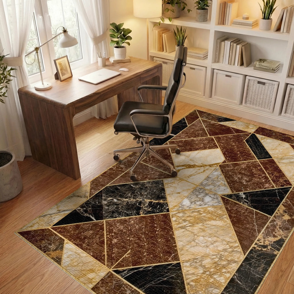 Geometric Marble Pattern With Gold Accents Rug - Office View