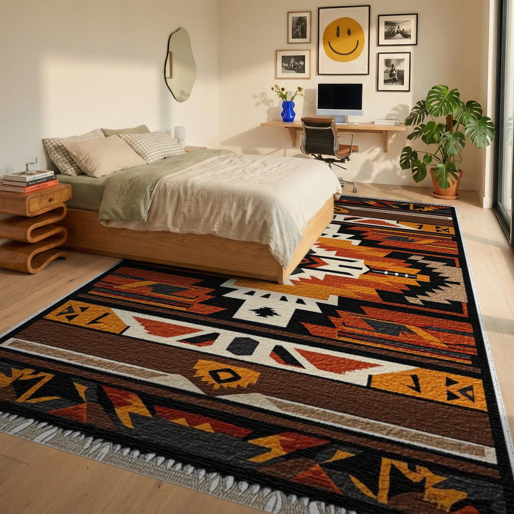 Geometric Native American Sunburst Rug - Bedroom View