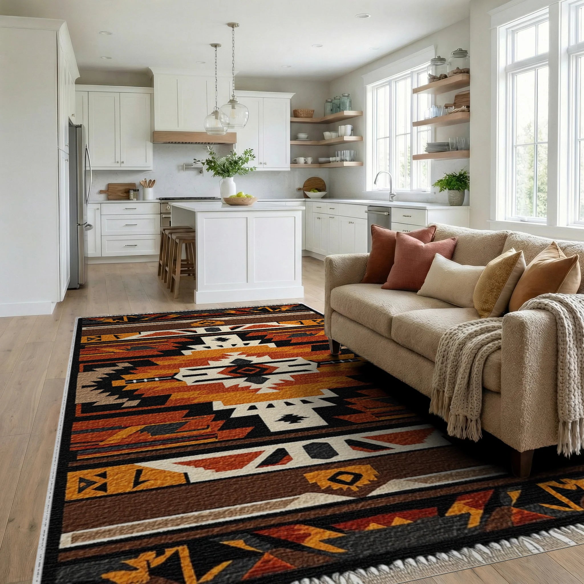 Geometric Native American Sunburst Rug - Living Room View