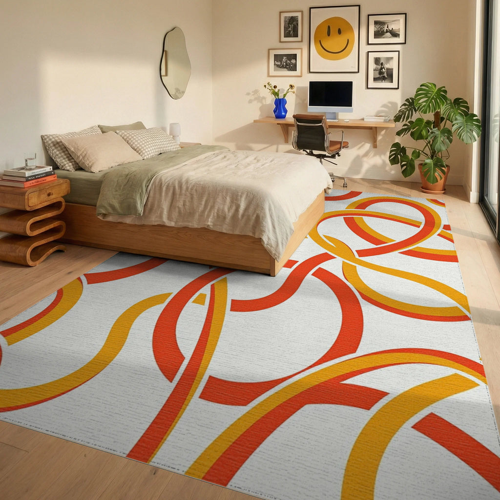 Geometric Orange Yellow Interlocking Loops Rug Bedroom View