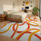 Geometric Orange Yellow Interlocking Loops Rug Bedroom View