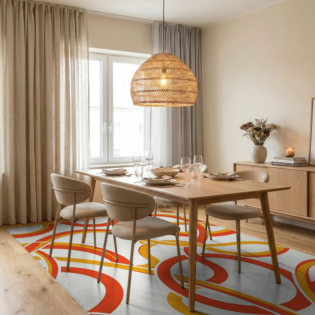 Geometric Orange Yellow Interlocking Loops Rug Dining Room View