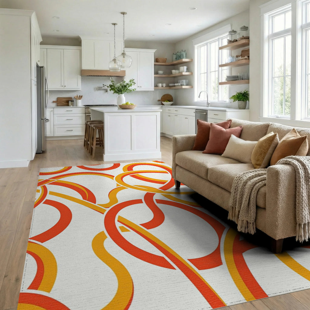 Geometric Orange Yellow Interlocking Loops Rug Living Room View