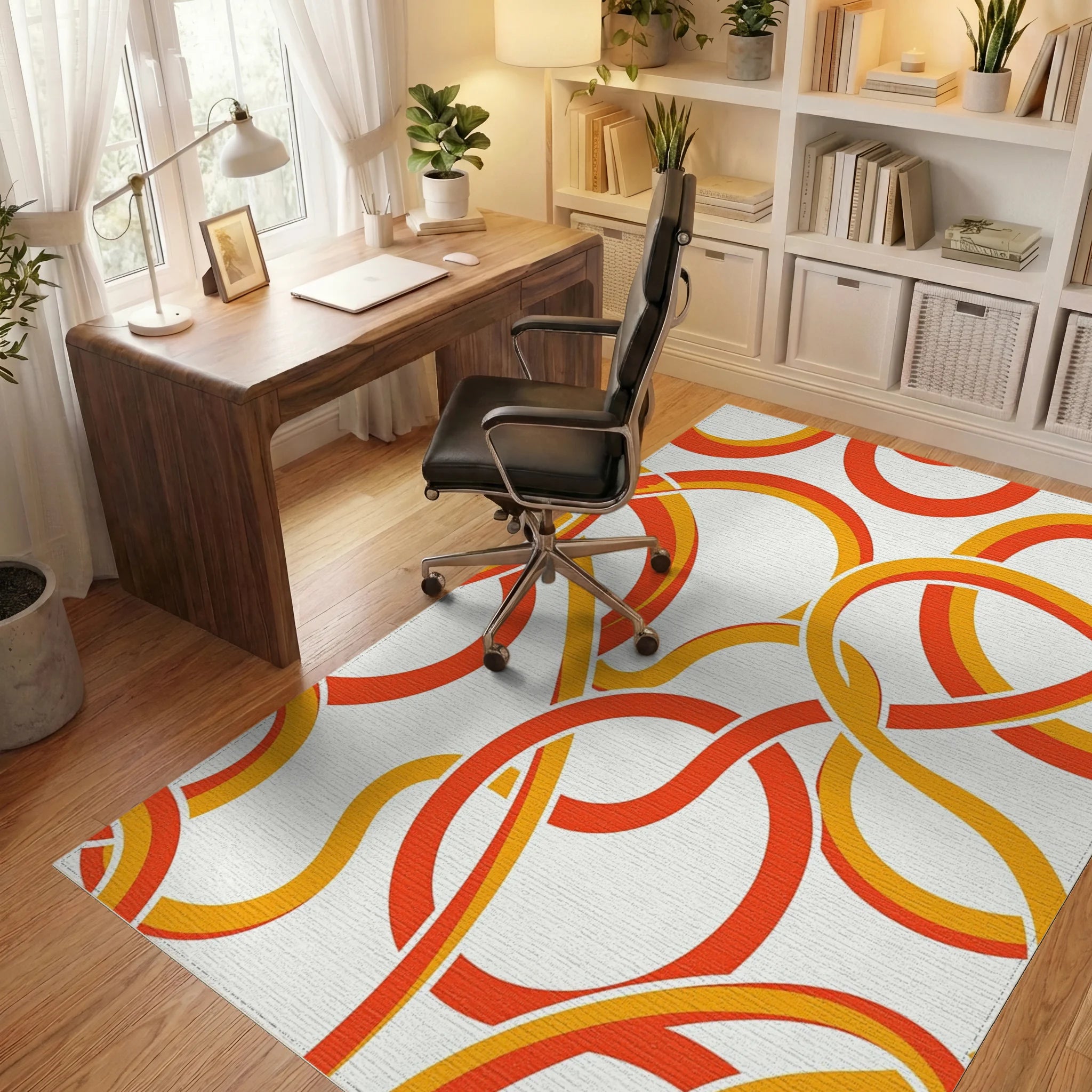 Geometric Orange Yellow Interlocking Loops Rug Office View