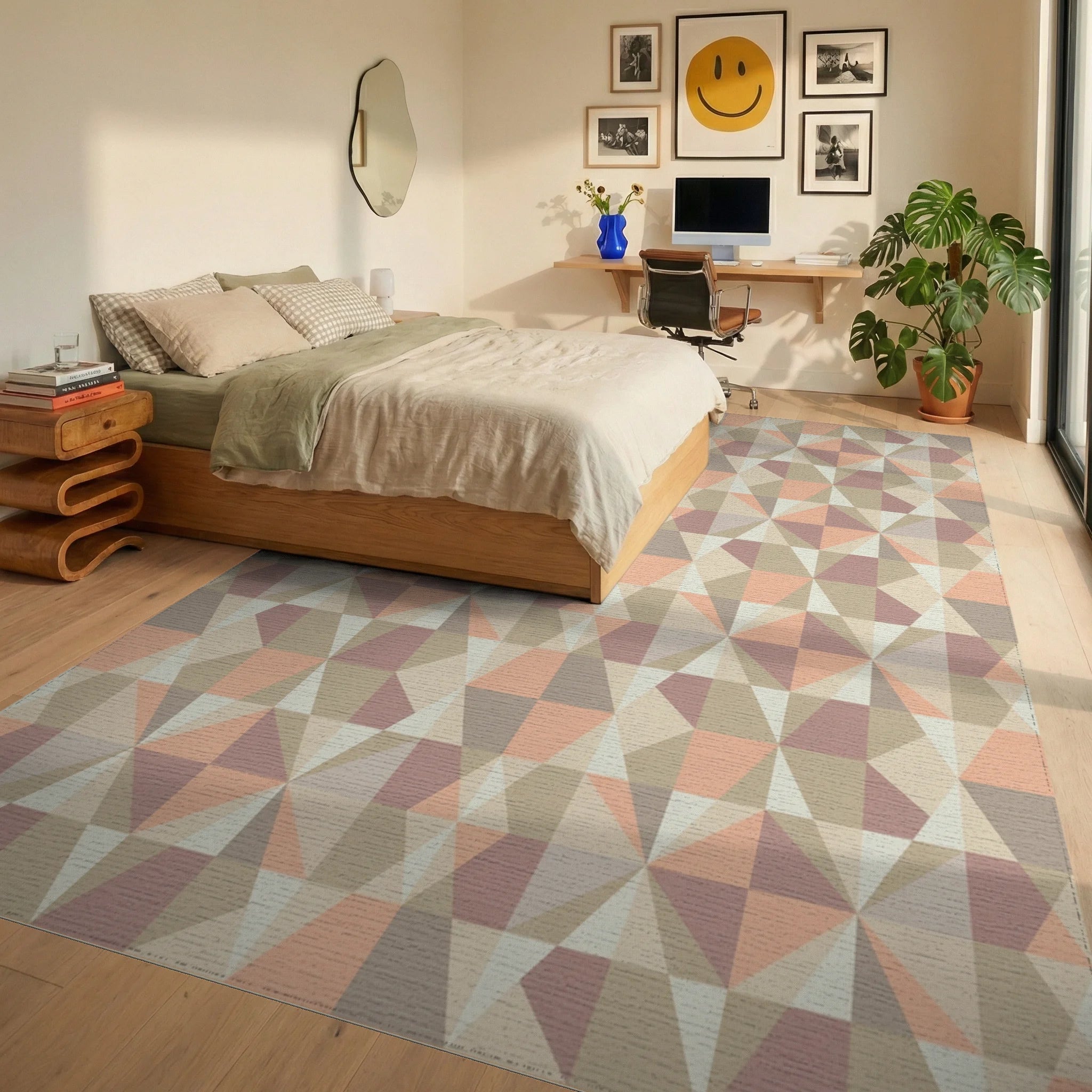 Geometric Pastel Diamond Starburst Rug Bedroom View