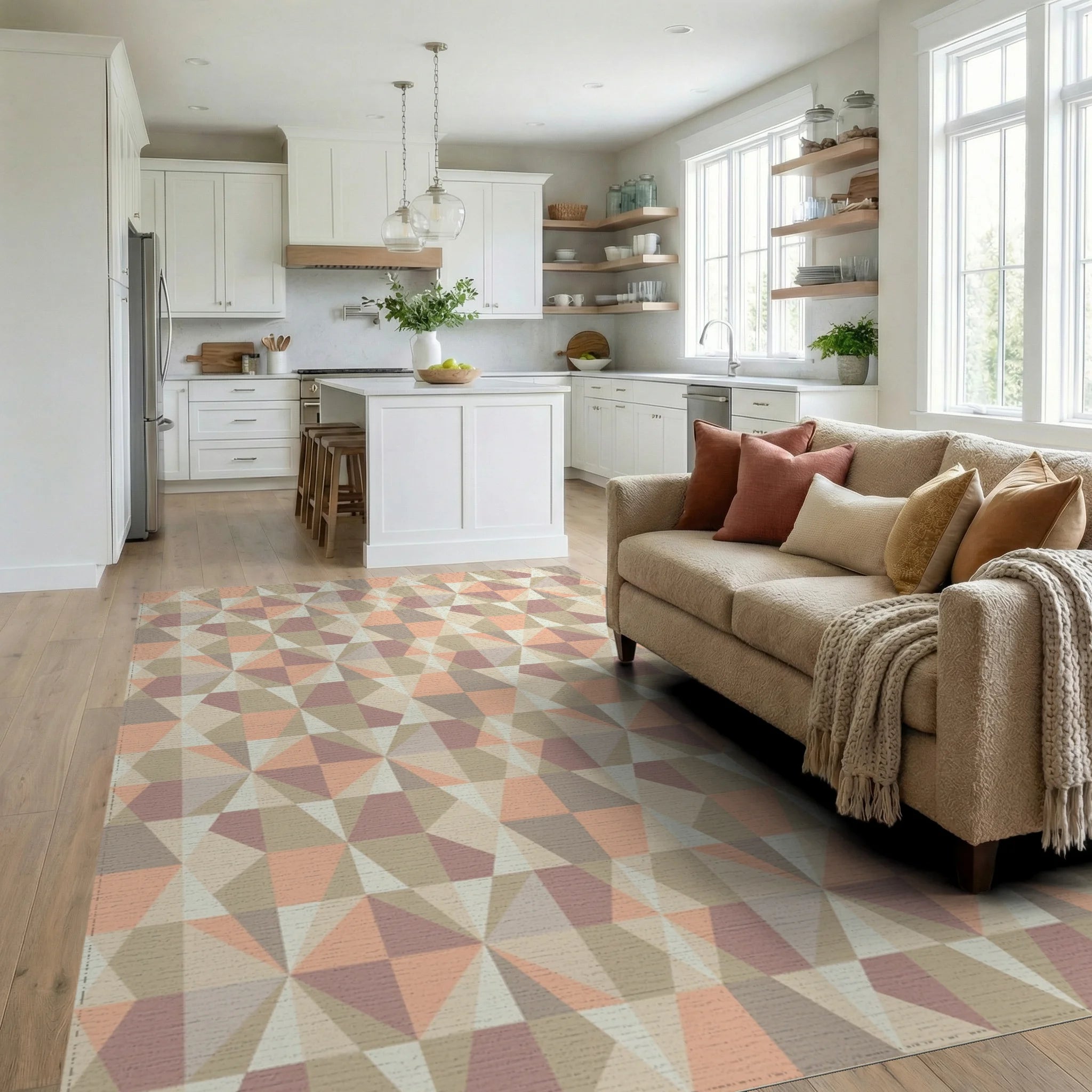 Geometric Pastel Diamond Starburst Rug Living Room View