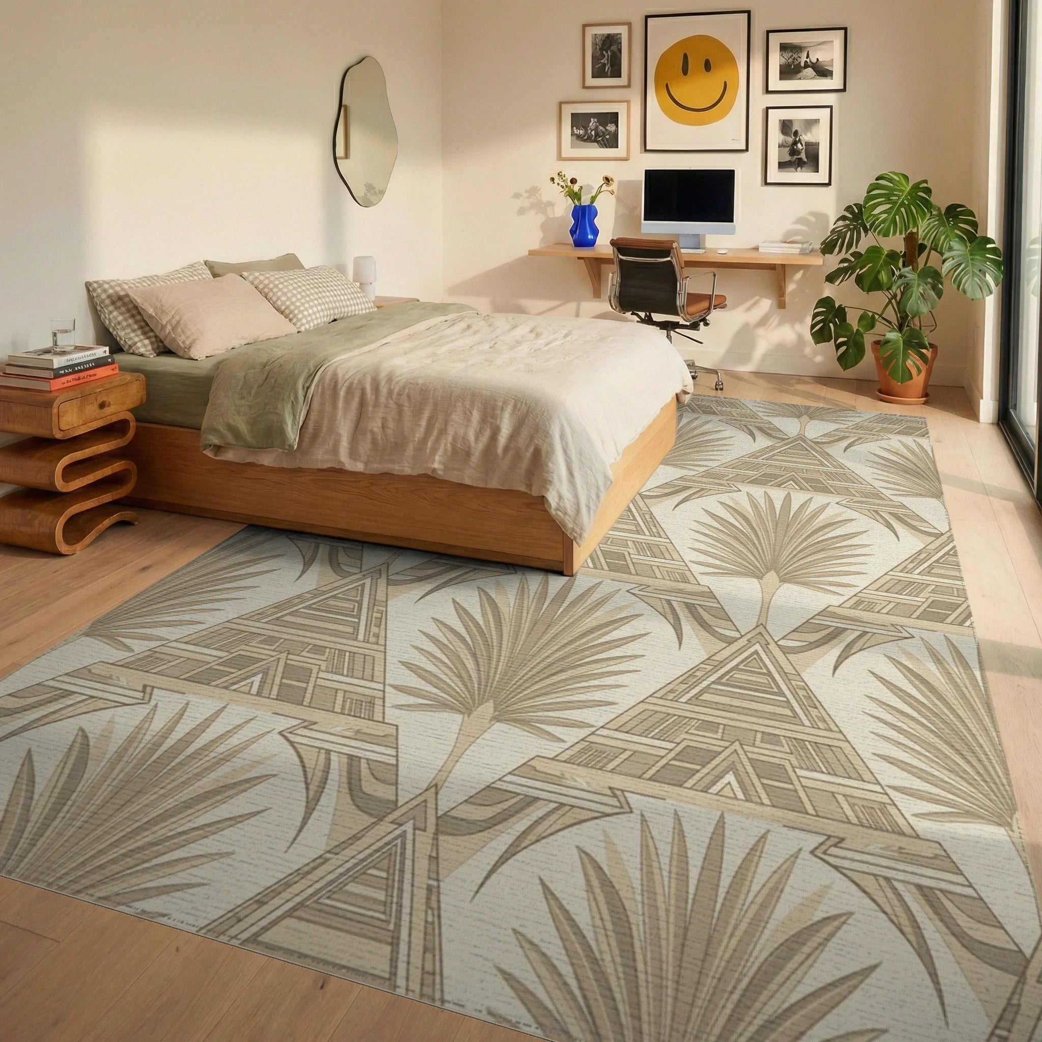 Geometric Tan Palm Frond Rug Bedroom View