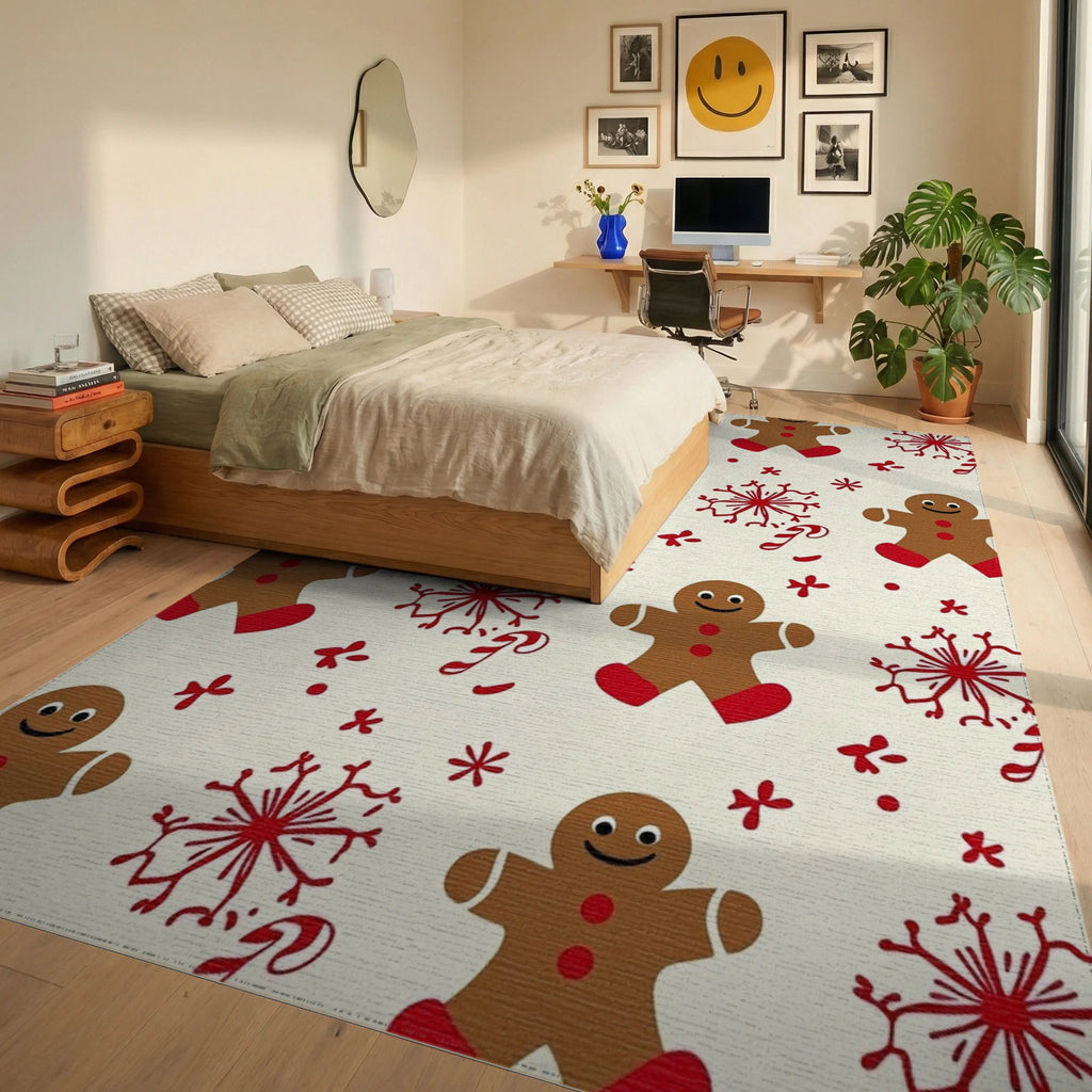 Gingerbread Candy Cane Snowflakes Pattern Rug - Bedroom View