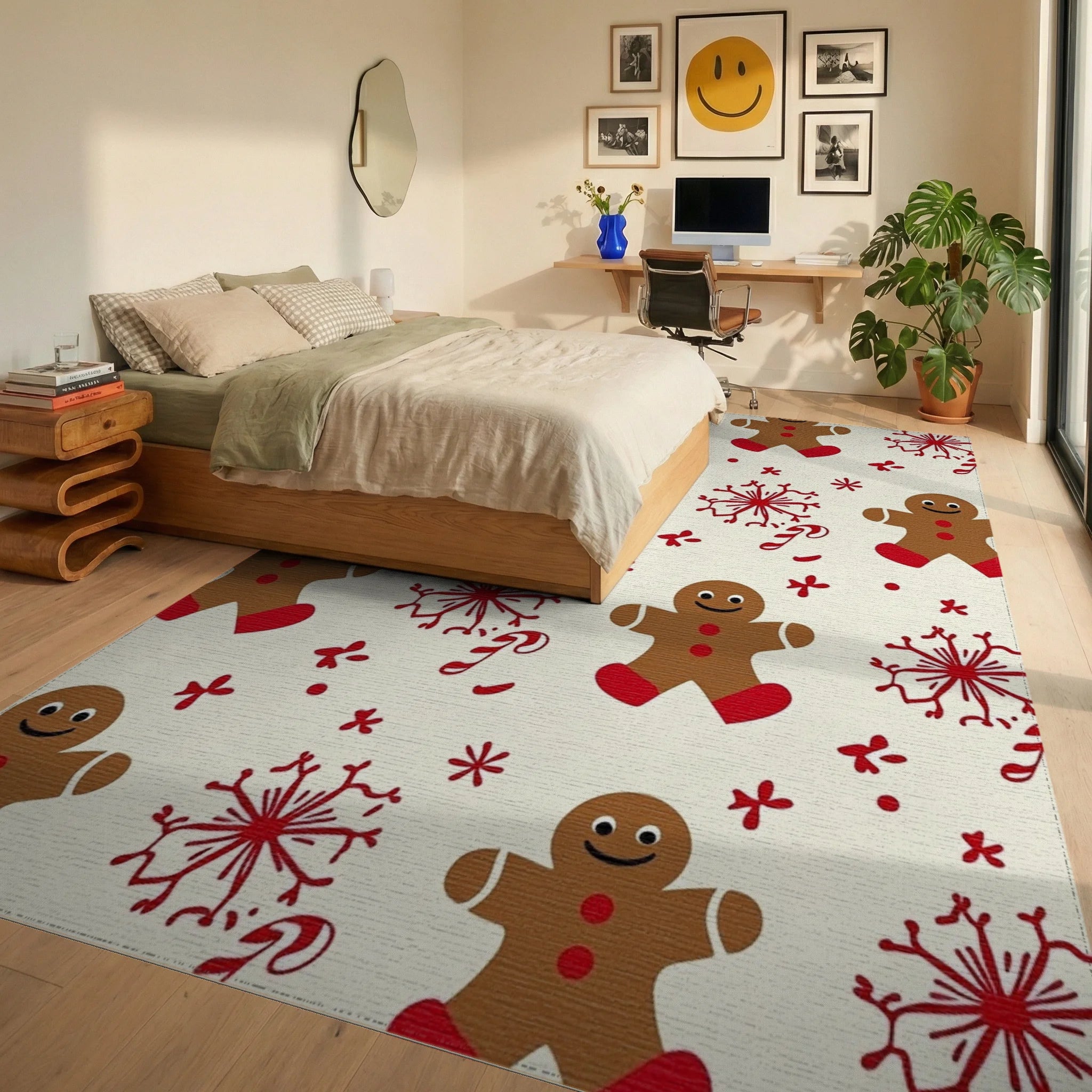 Gingerbread Candy Cane Snowflakes Pattern Rug - Bedroom View