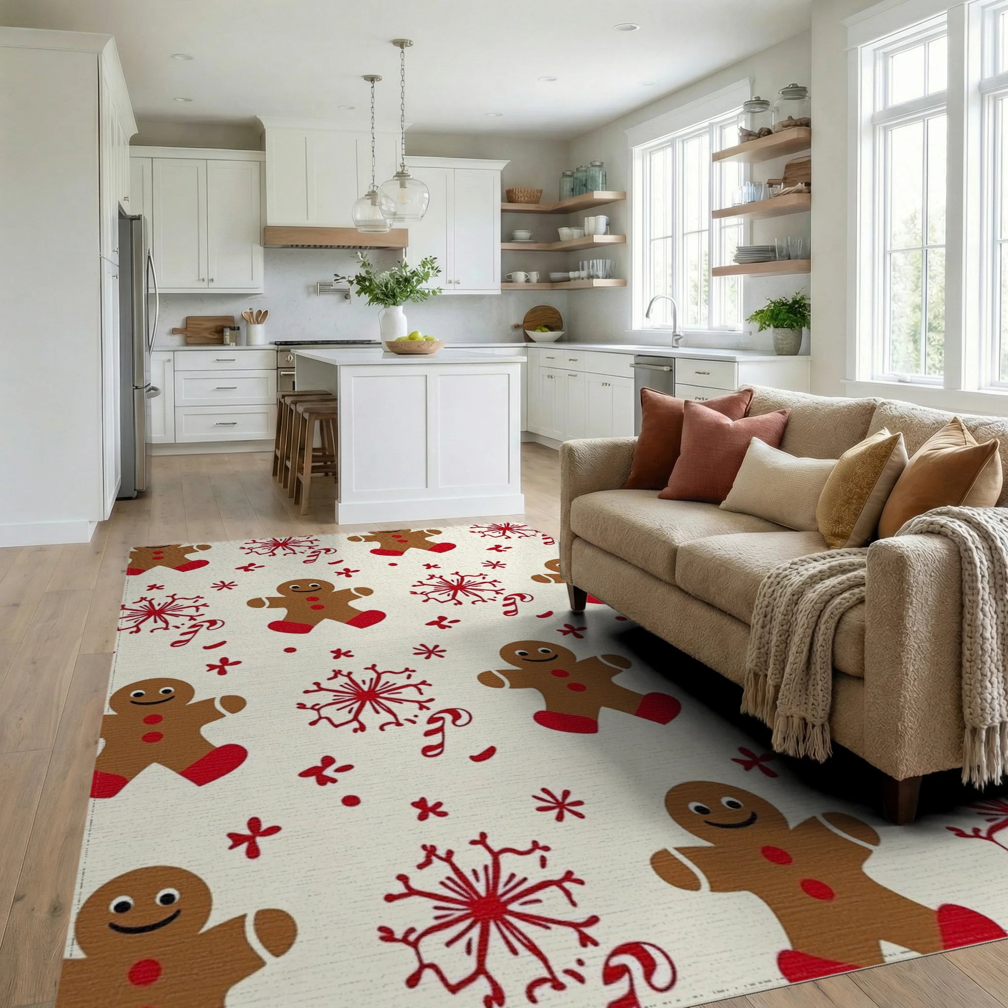 Gingerbread Candy Cane Snowflakes Pattern Rug - Living Room View