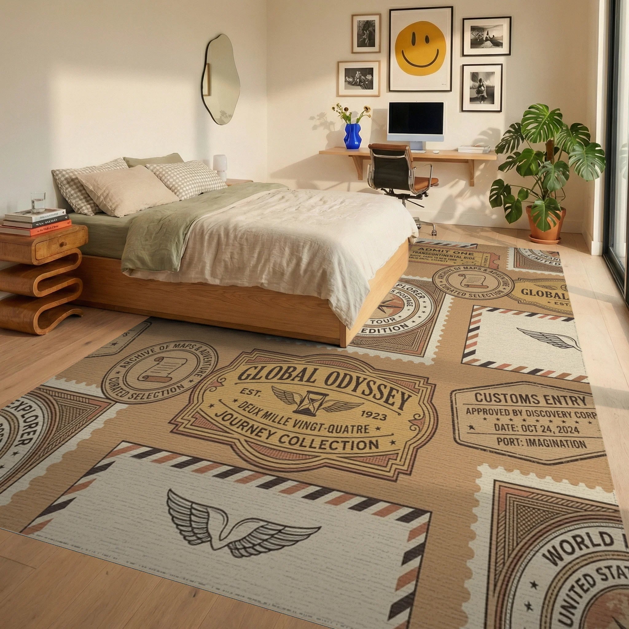 Global Odyssey Vintage Travel Stamp Rug Bedroom View