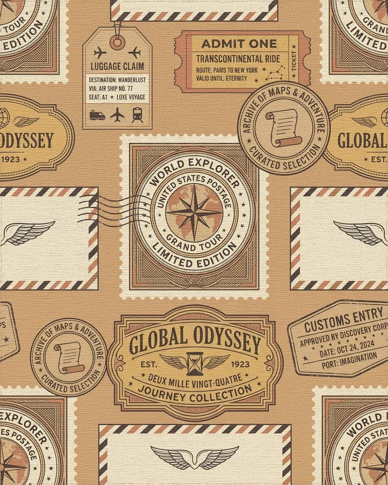 Global Odyssey Vintage Travel Stamp Rug - Cutout View