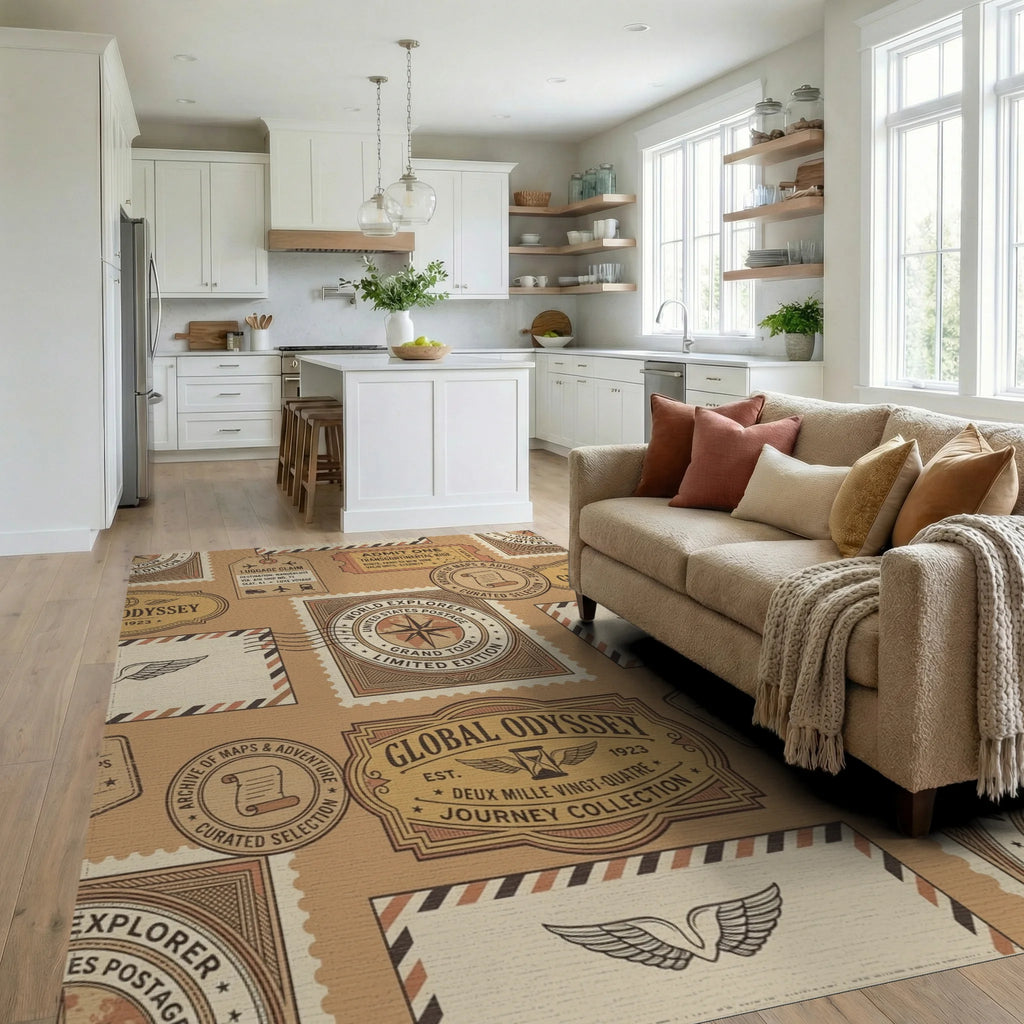 Global Odyssey Vintage Travel Stamp Rug Living Room View