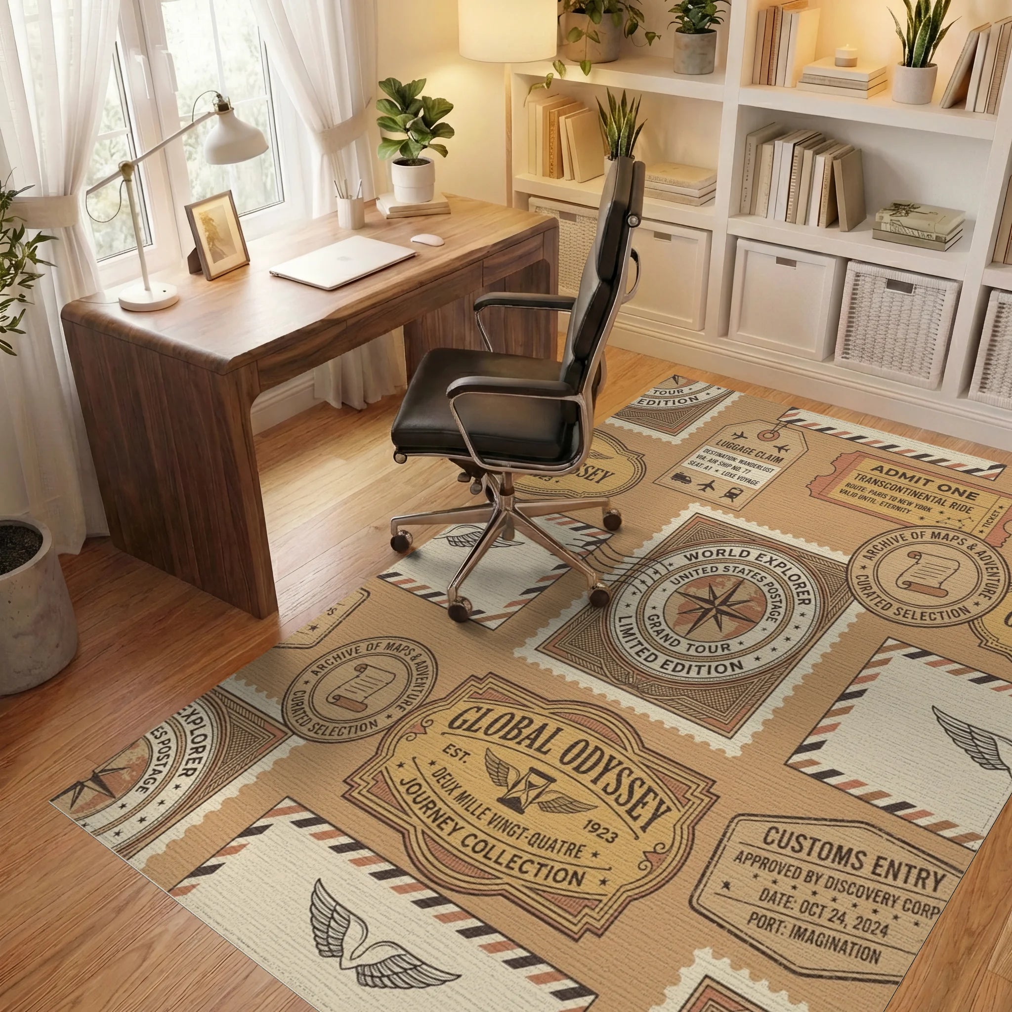 Global Odyssey Vintage Travel Stamp Rug Office View