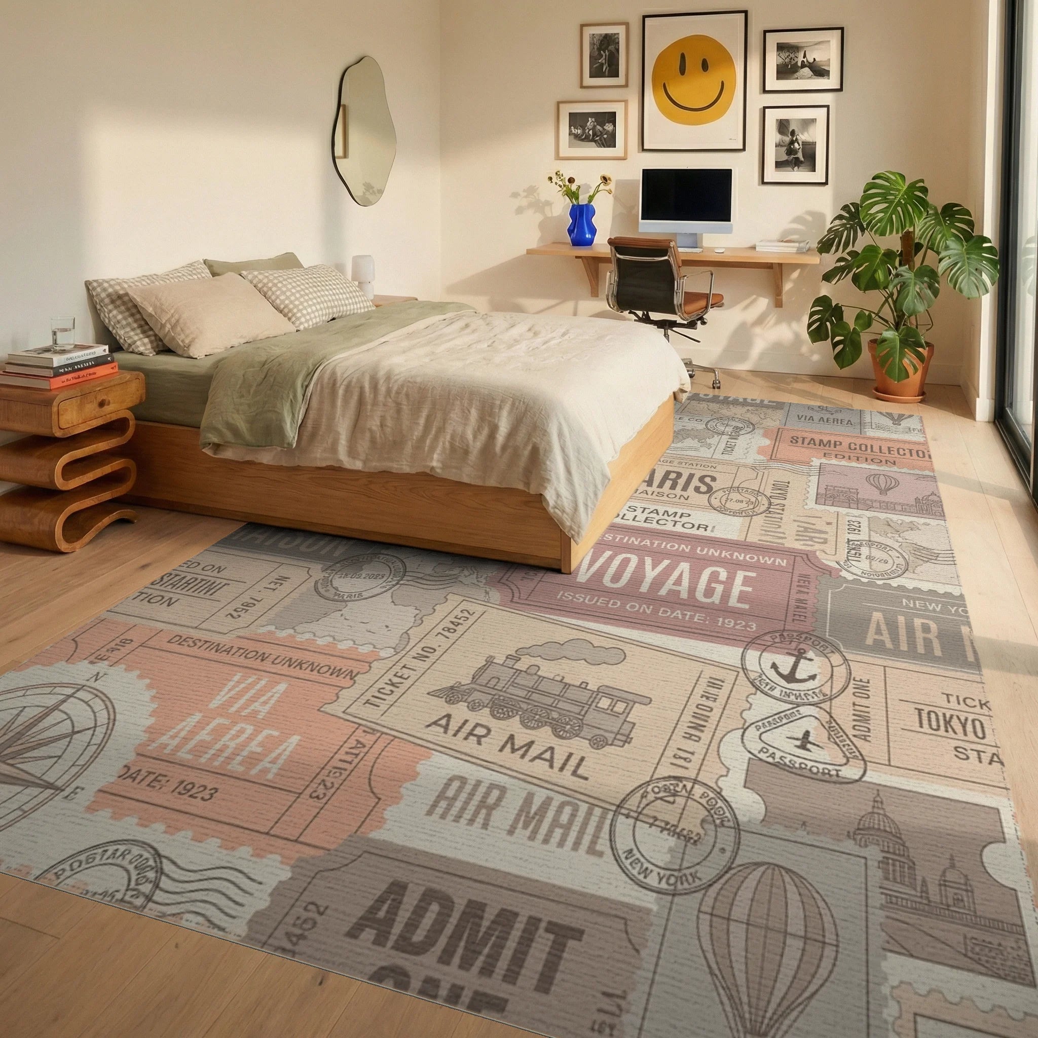 Global Voyage Stamp Collector Travel Collage Rug Bedroom View
