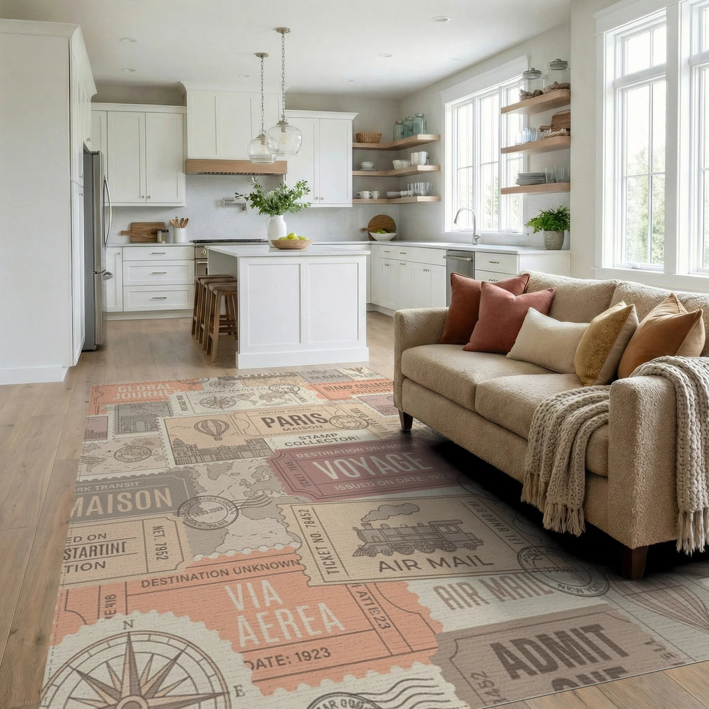 Global Voyage Stamp Collector Travel Collage Rug Living Room View
