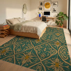 Gold And Green Floral Art Nouveau Rug Bedroom View