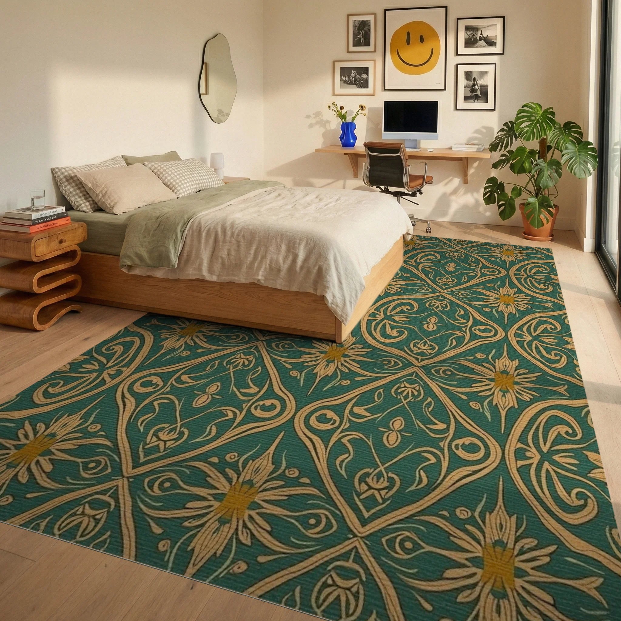 Gold And Green Floral Art Nouveau Rug Bedroom View