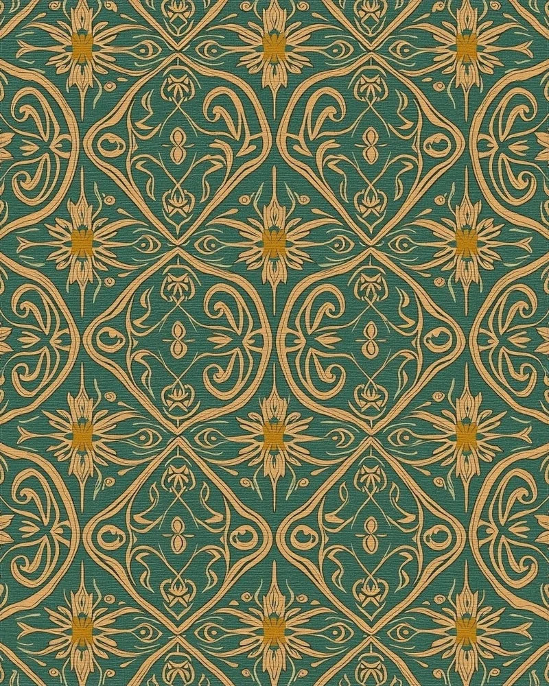 Gold And Green Floral Art Nouveau Rug - Cutout View