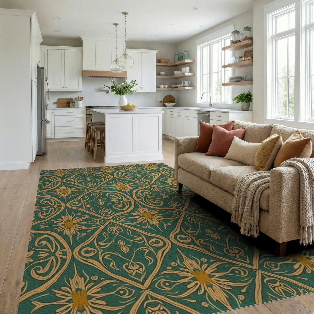 Gold And Green Floral Art Nouveau Rug Living Room View