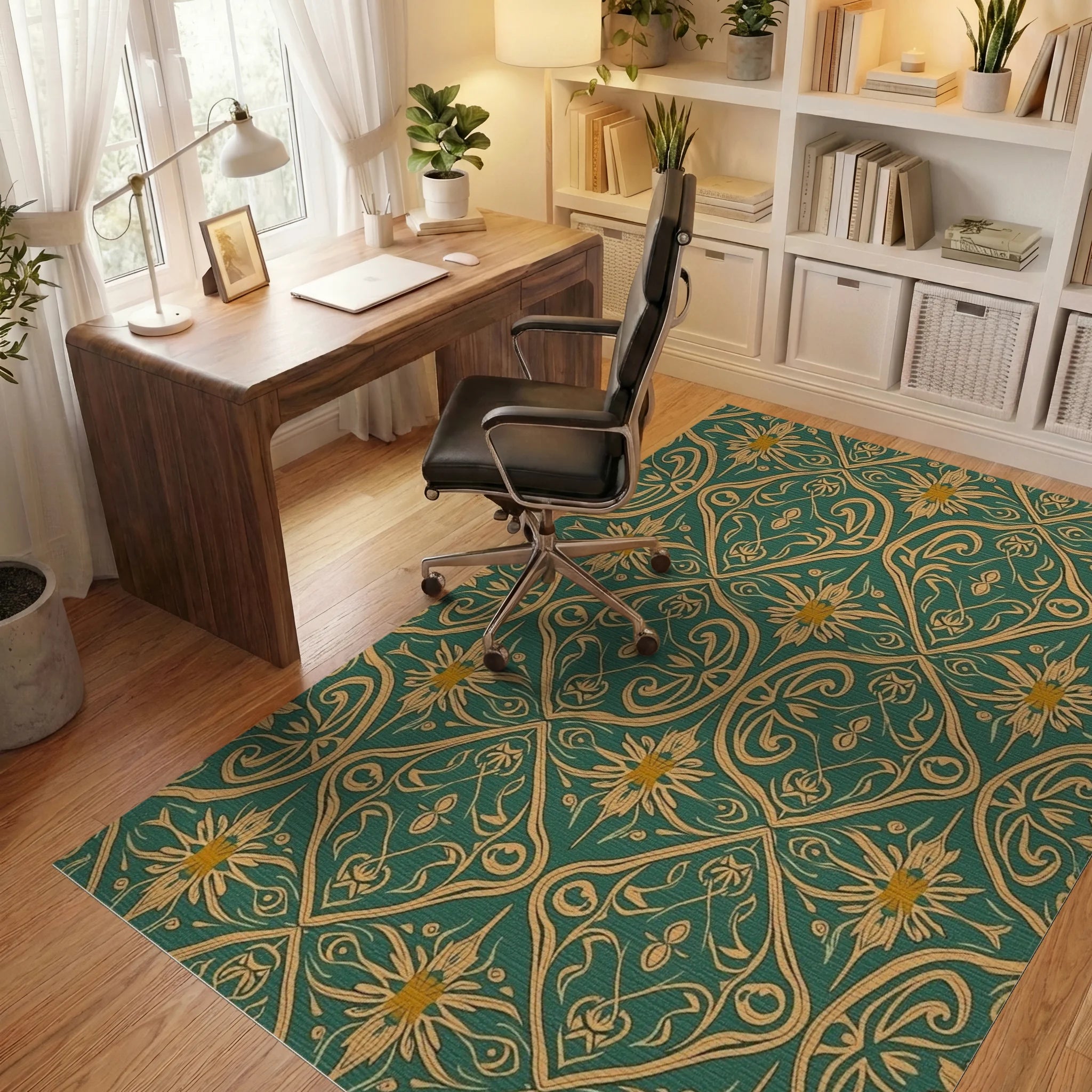 Gold And Green Floral Art Nouveau Rug Office View