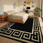 Gold Black Greek Key Border Rug - Bedroom View