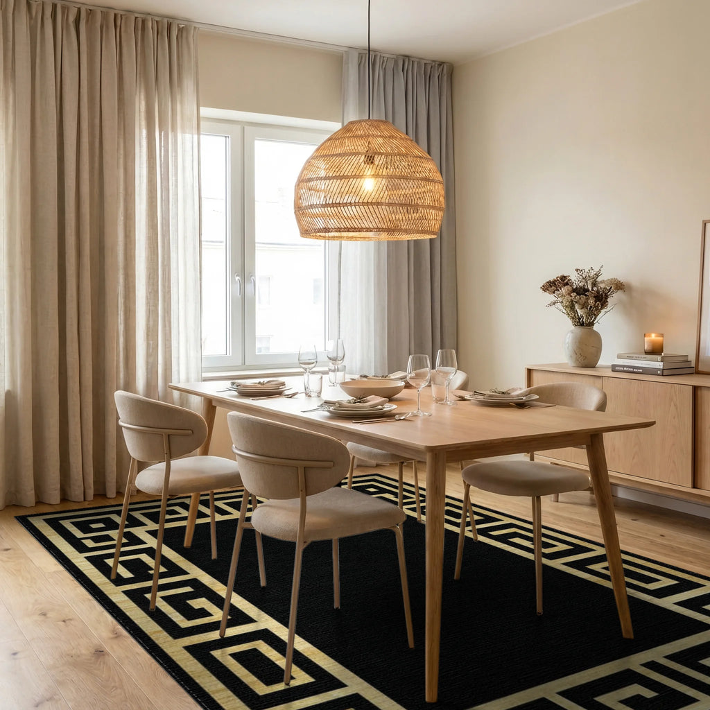 Gold Black Greek Key Border Rug - Dining Room View
