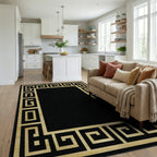 Gold Black Greek Key Border Rug - Living Room View