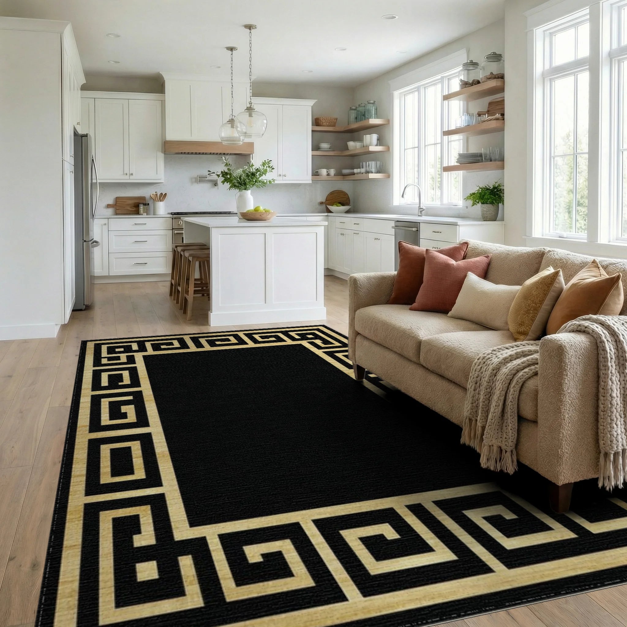 Gold Black Greek Key Border Rug - Living Room View