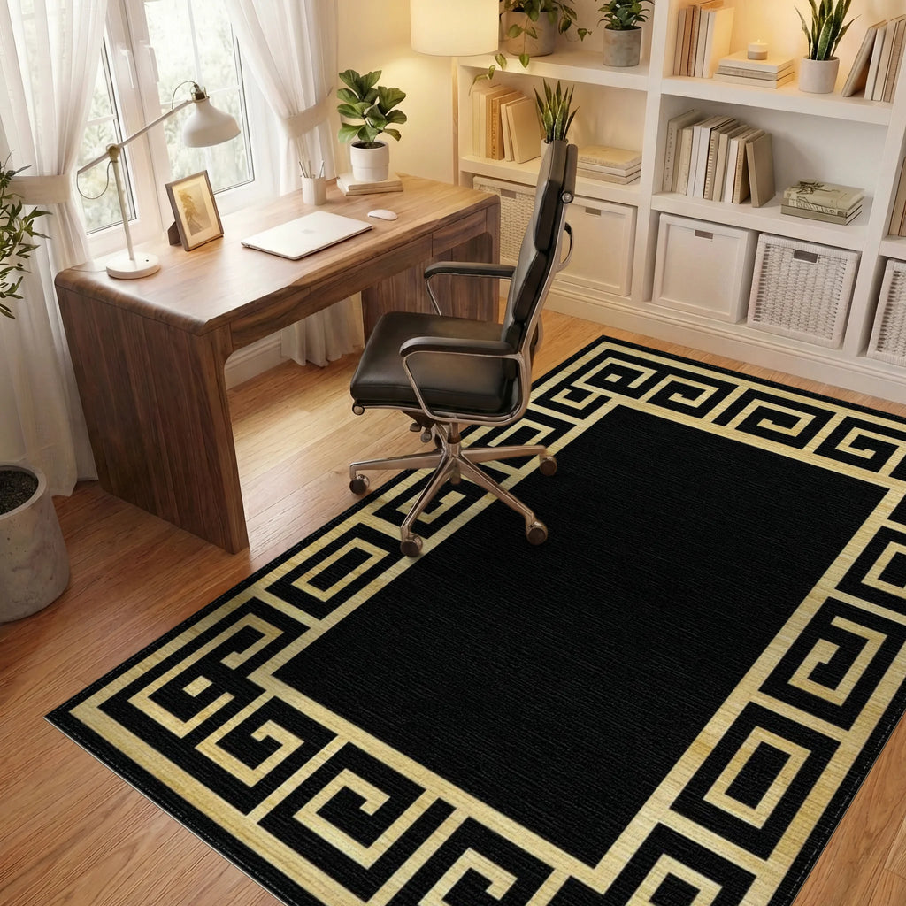Gold Black Greek Key Border Rug - Office View