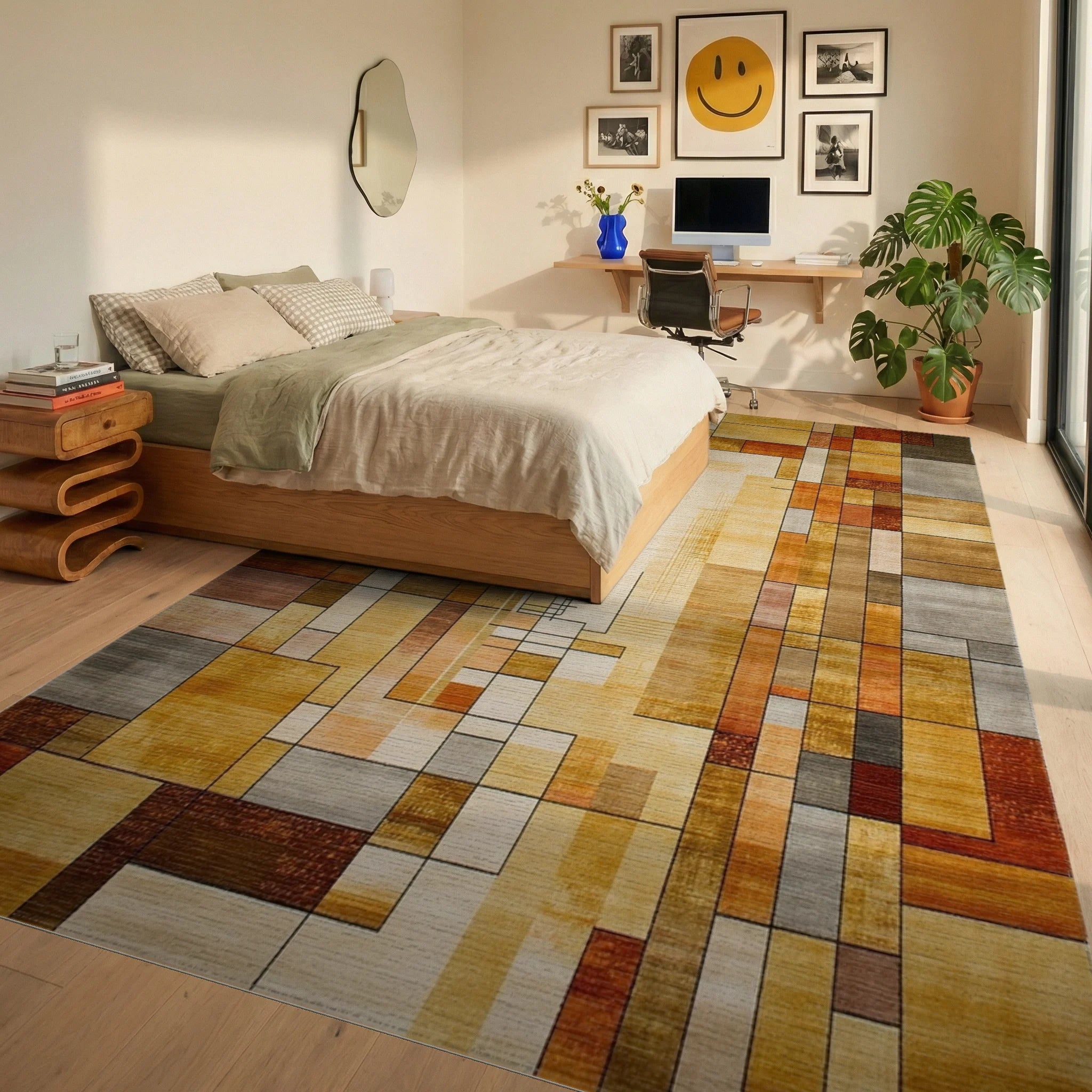Gold Earth Tone Abstract Geometric Grid Rug Bedroom View