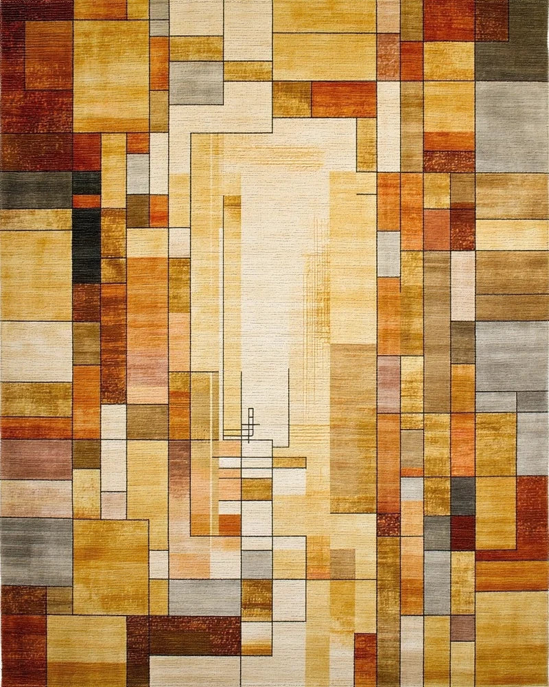 Gold Earth Tone Abstract Geometric Grid Rug