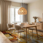 Gold Earth Tone Abstract Geometric Grid Rug Dining Room View