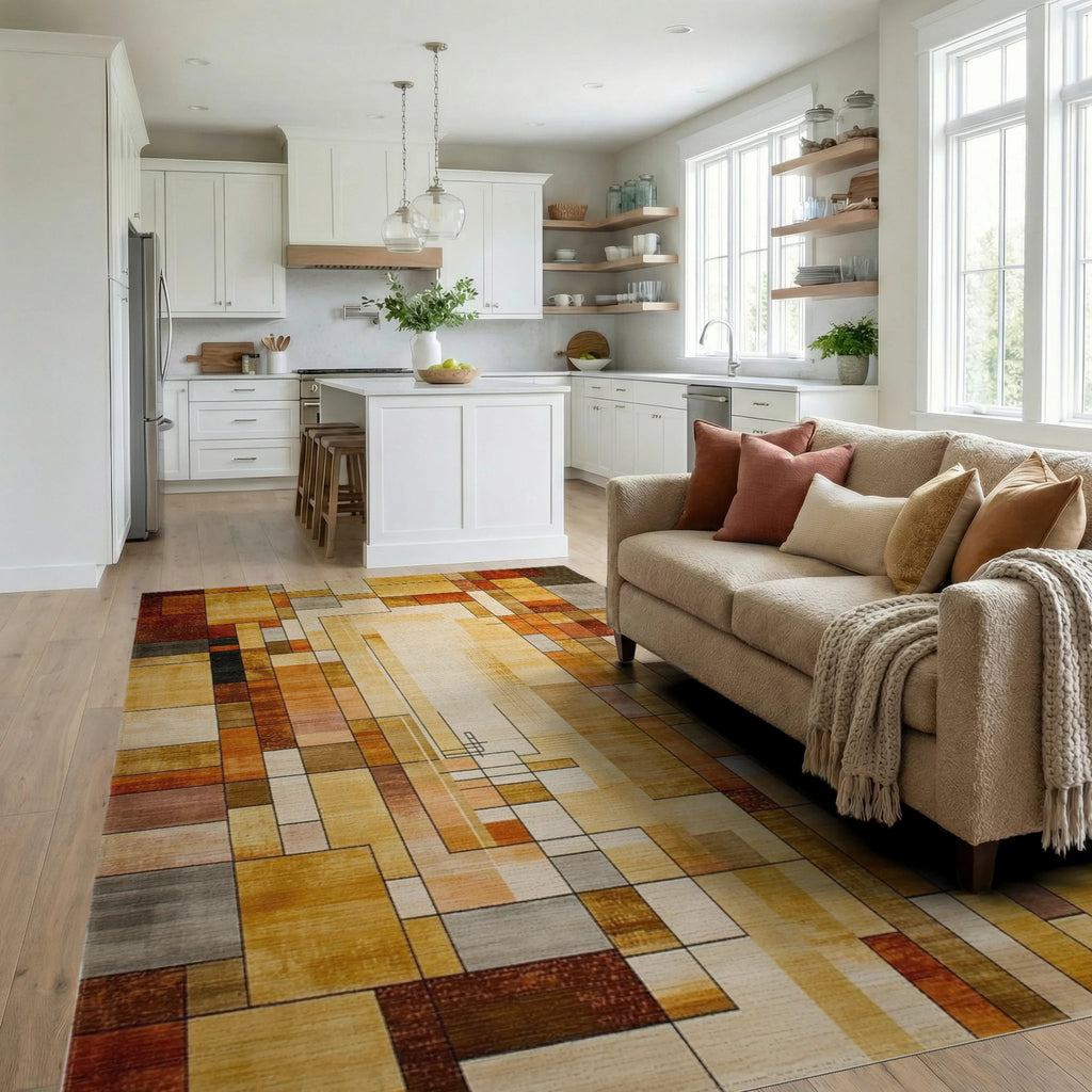 Gold Earth Tone Abstract Geometric Grid Rug Living Room View