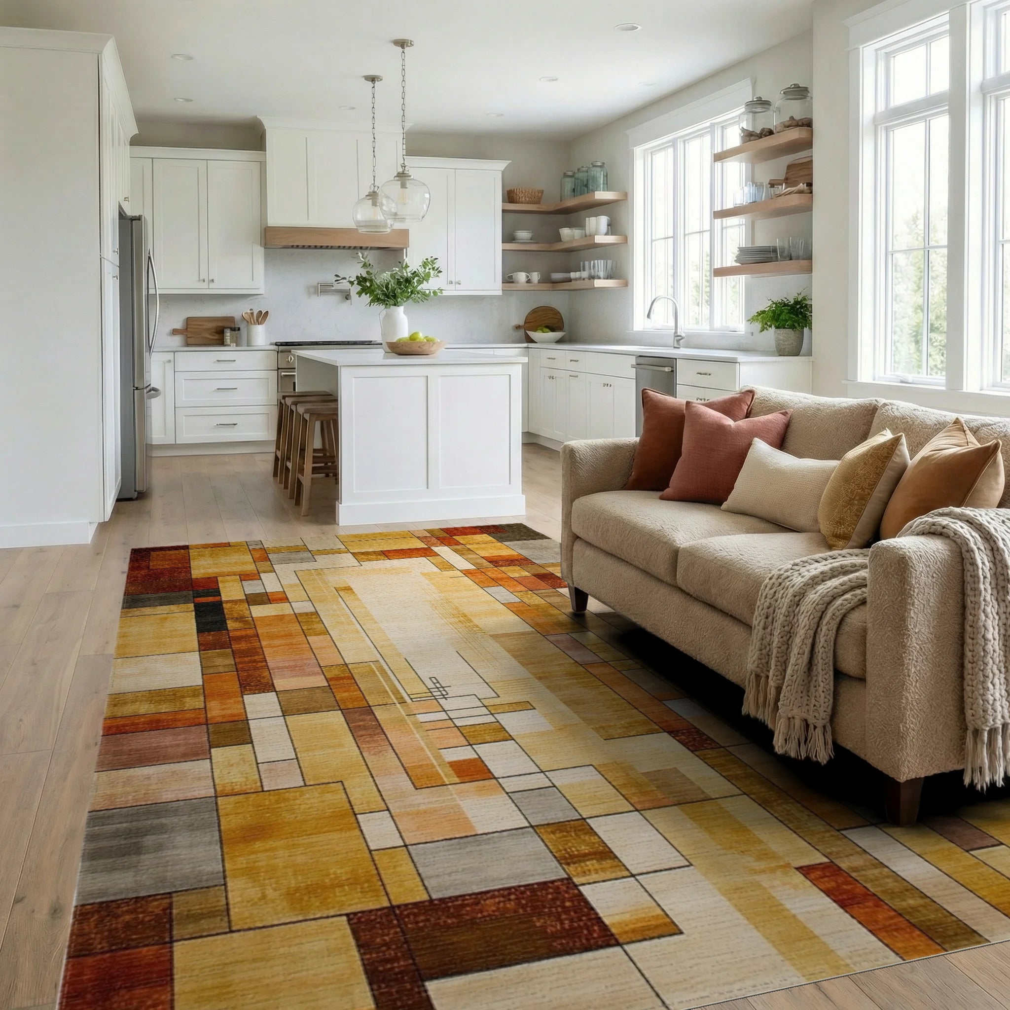 Gold Earth Tone Abstract Geometric Grid Rug Living Room View