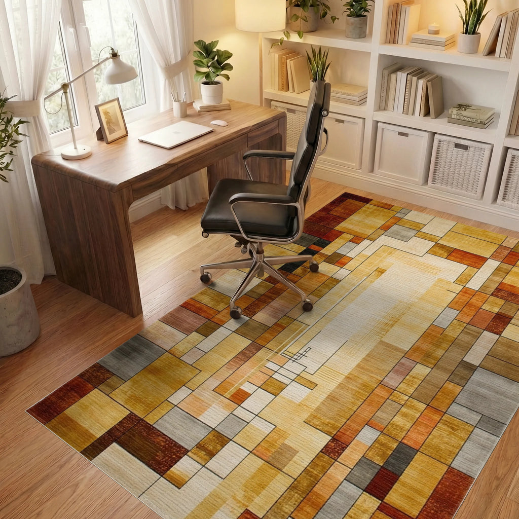 Gold Earth Tone Abstract Geometric Grid Rug Office View
