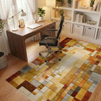 Gold Earth Tone Abstract Geometric Grid Rug Office View