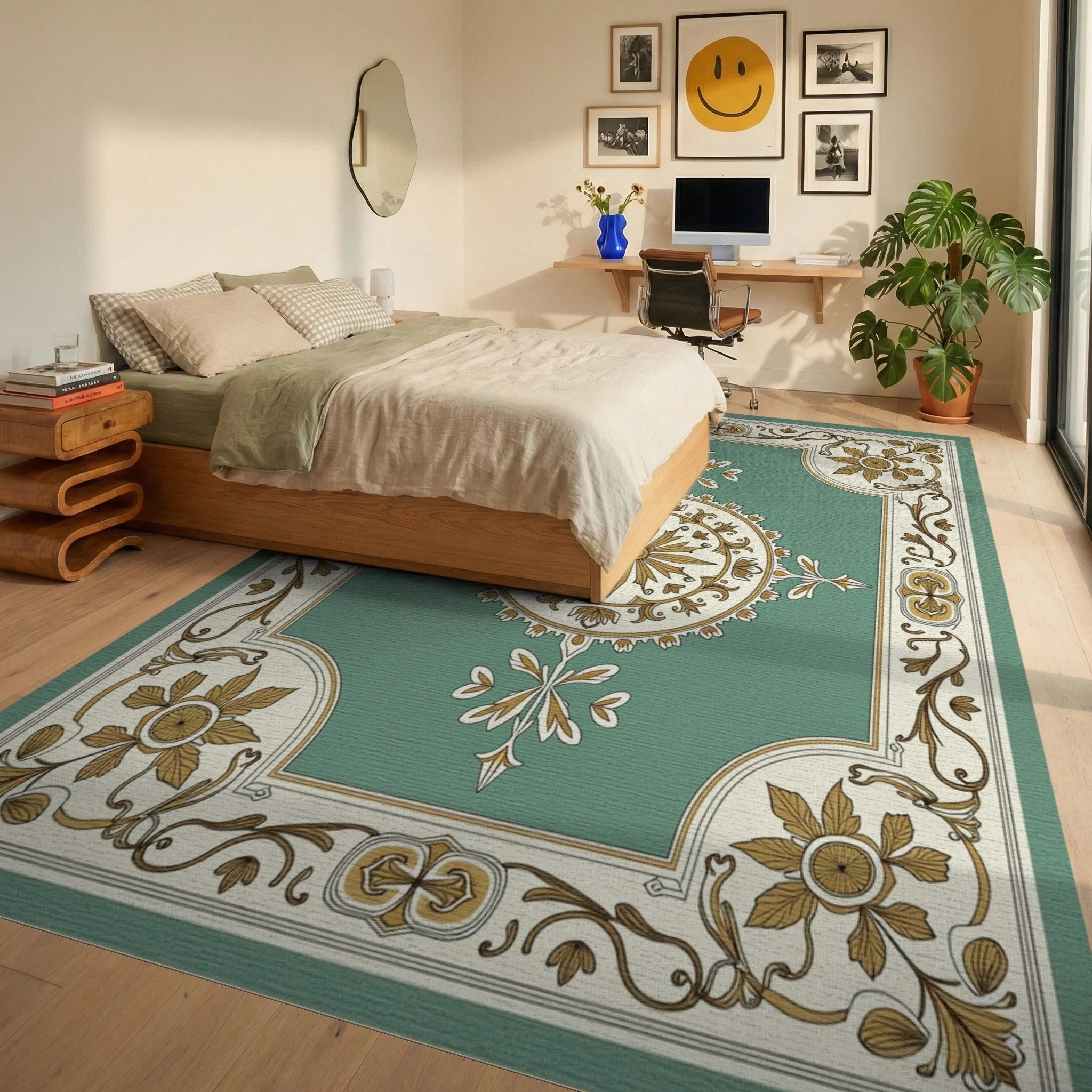 Gold Floral Medallion Green Heritage Rug Bedroom View